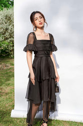Audrey Square Neck Short Sleeves Layered Midi Dress